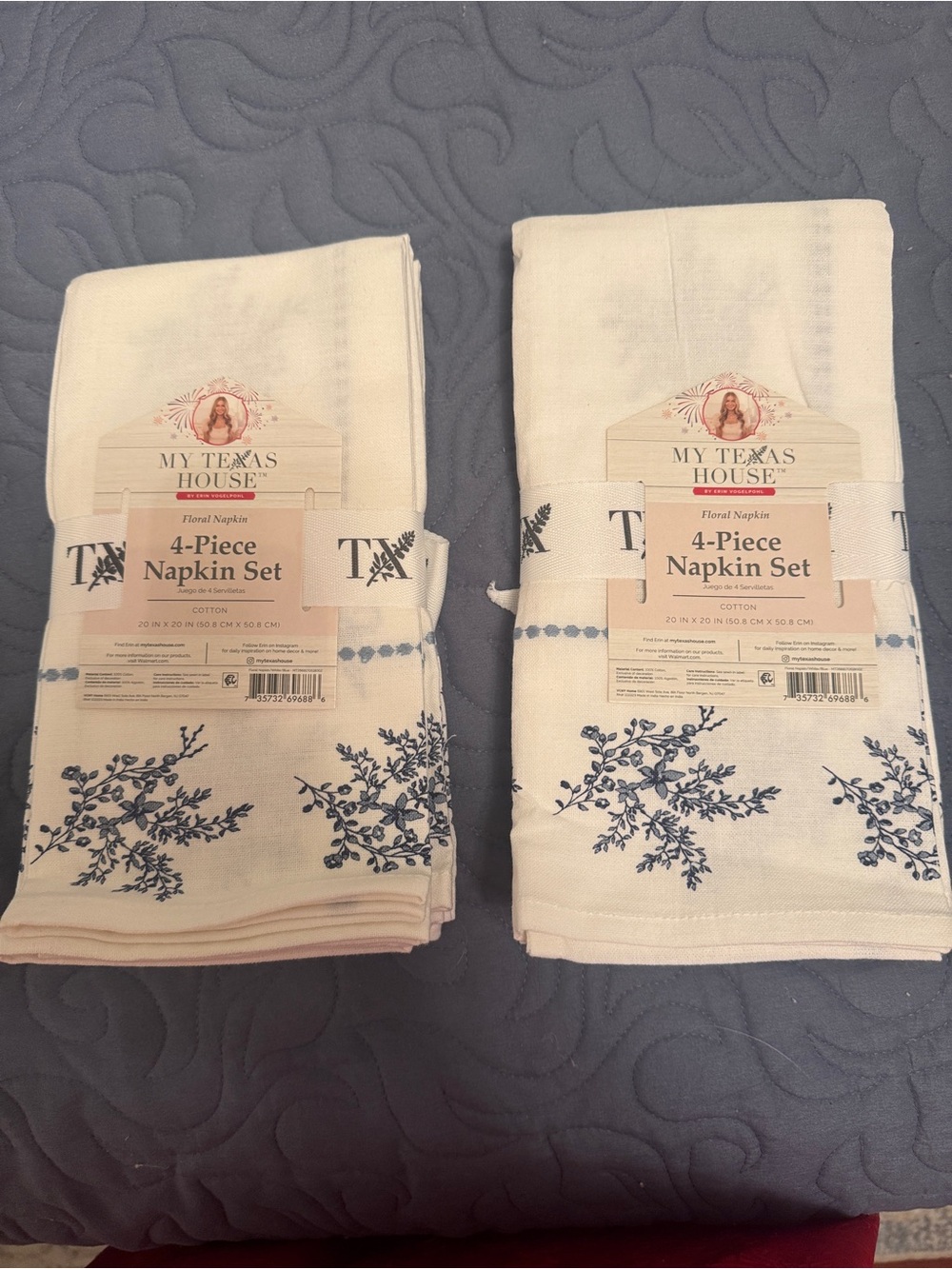 8 Piece My Texas House Cotton Napkin Set - White with Blue Floral